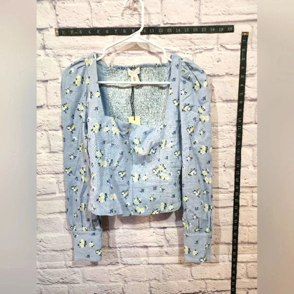Rachel Zoe light blue floral cropped blouse with smocked bodice Size Small NEW - Picture 1 of 7
